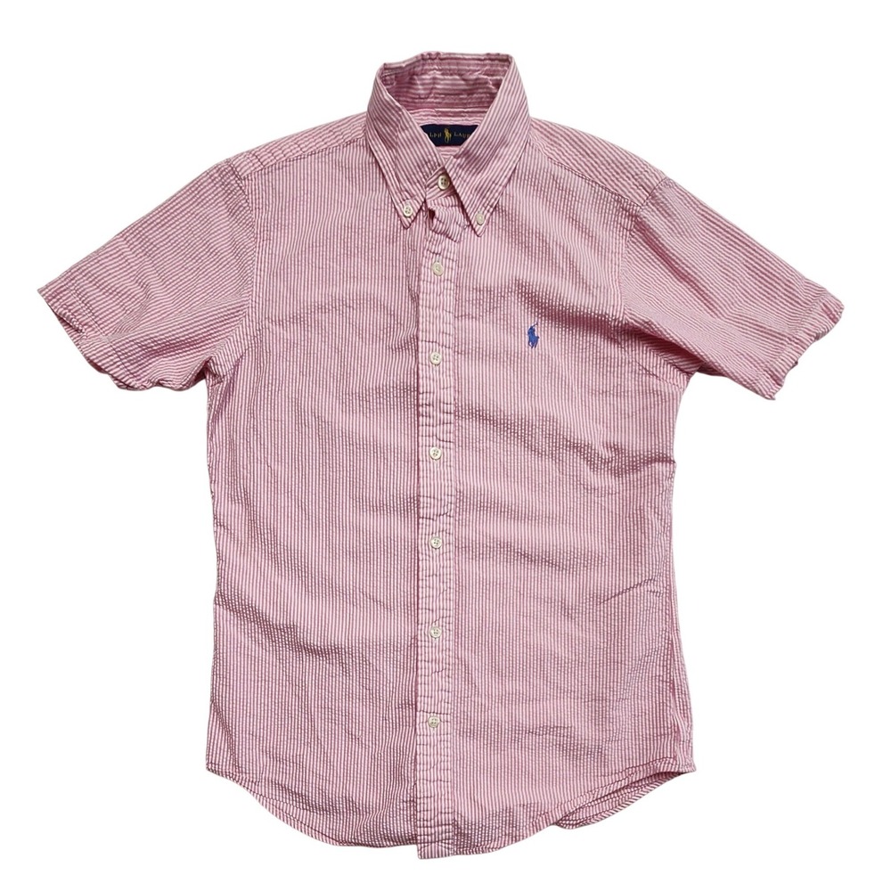 Ralph Lauren Mens XS Seersucker Short Sleeve Button Down Shirt Pink Striped Y2K